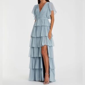MAC DUGGAL Slate Blue Flutter Sleeve Tiered Ruffle Evening Maxi Gown - Reemoly
